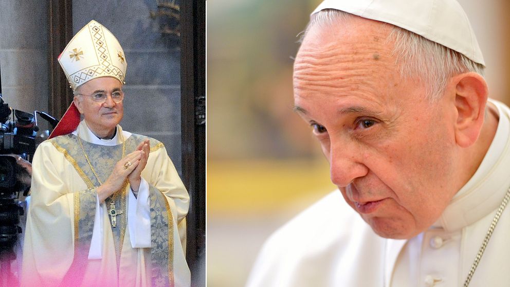 Till vänster ärkebiskop Carlo Maria Viganò som nu kräver påve Franciskus avgång.