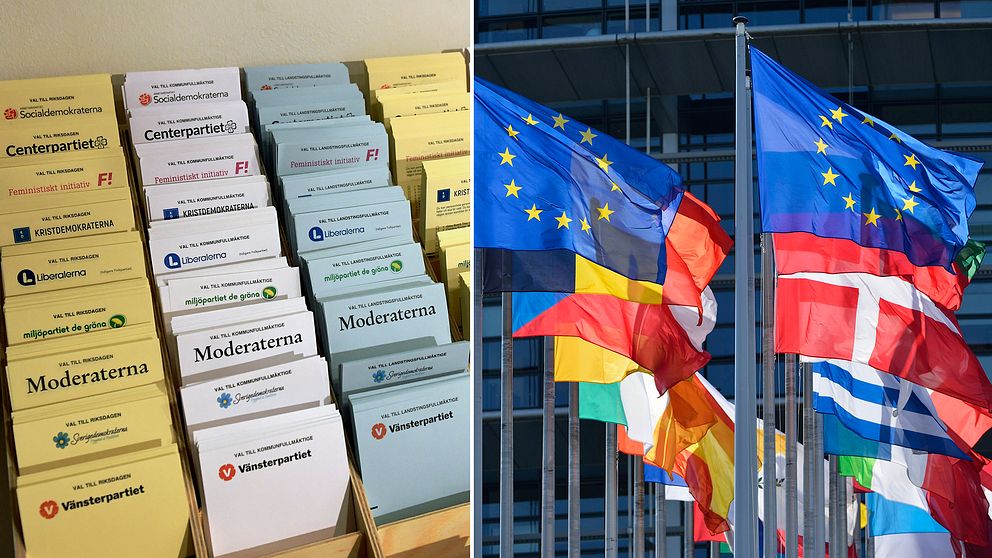 Valsedlar i Stockholm och flaggor utanför EU-parlamentet i Strasbourg.