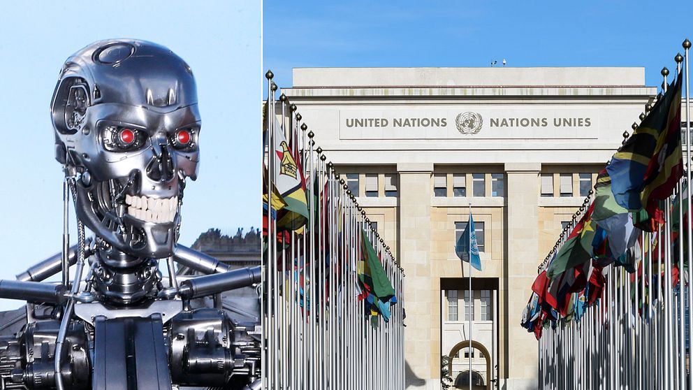 Till vänster roboten från filmen Terminator, som forskare tror att kan bli verklighet i framtiden. Till höger FN-byggnaden i Genève.