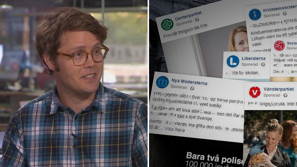 SVT:s reporter Philip Rudolfsson och ett kollage med olika Facebook-inlägg som är sponsrade av partierna.