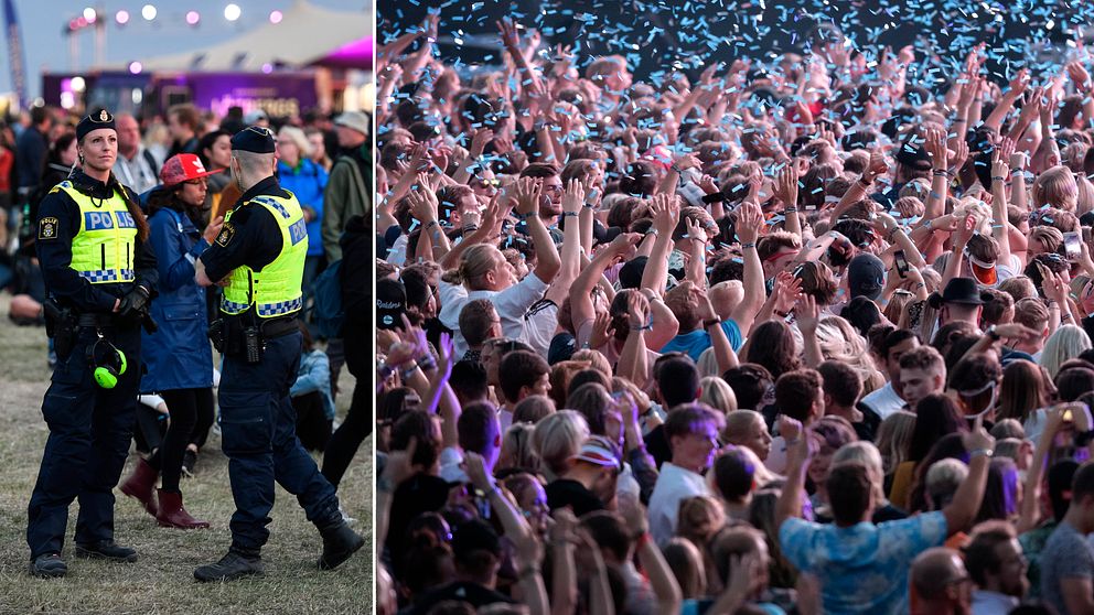 Poliser som patrullerade på Bråvallafestivalen 2017. Publikhavet på Summerburst 2018.