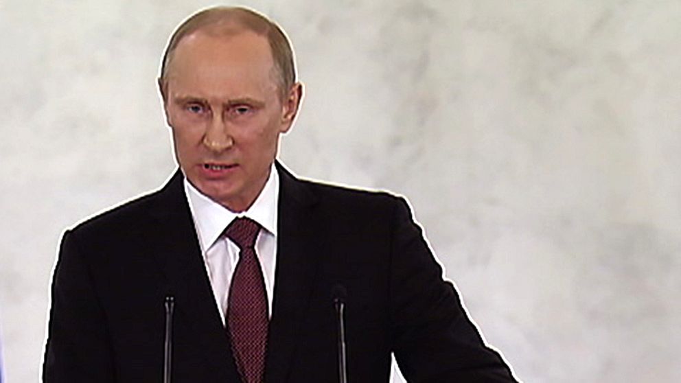 Rysslands president Vladimir Putin höll tal i samband med att han undertecknade ett avtal om att Krim ska bli ryskt.