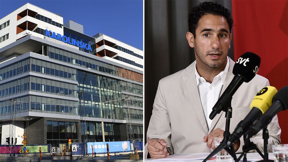 Bild på Nya Karolinska samt bild på civilminister Ardalan Shekarabi (S).