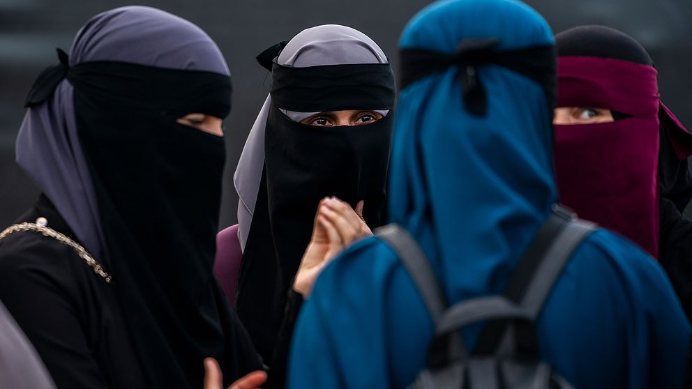 Kvinnor i niqab diskuterar med varandra.