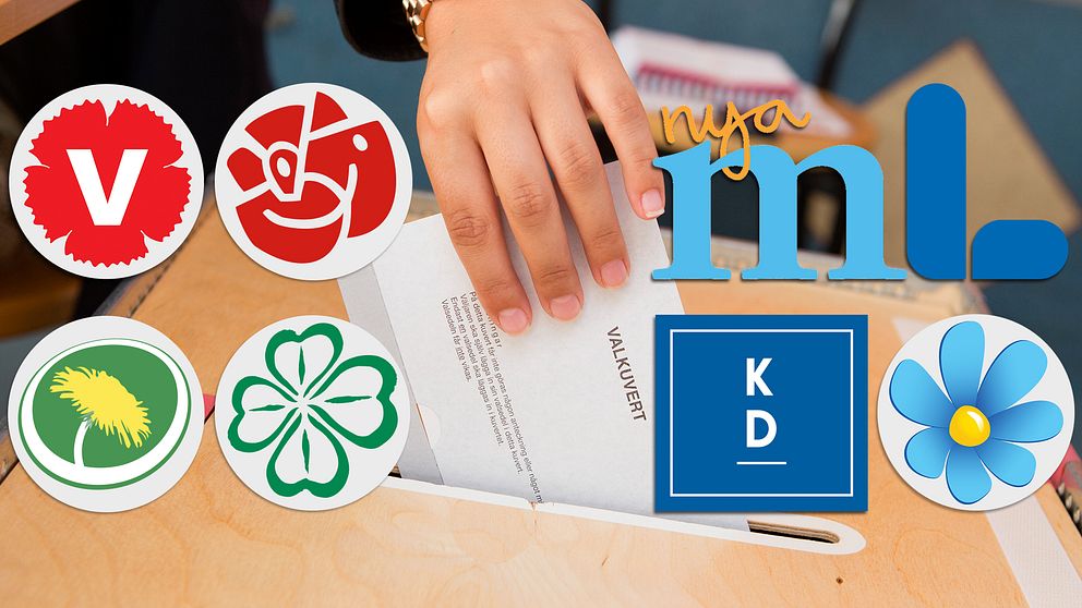 hand som lägger valkuvert i låda, åtta partilogotyper ovanpå bilden