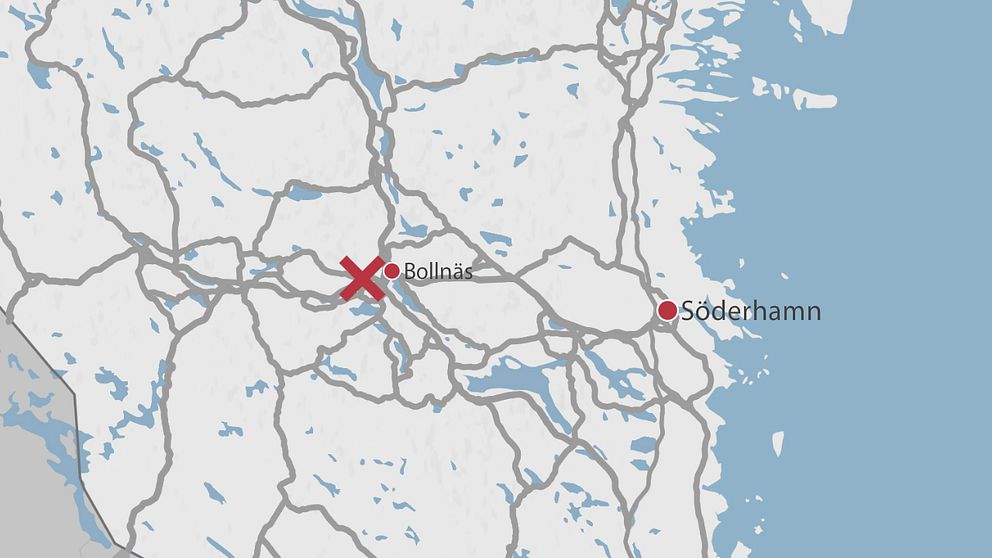En karta över delar av Gävleborg där olycksplatsen är markerad med ett rött kryss.