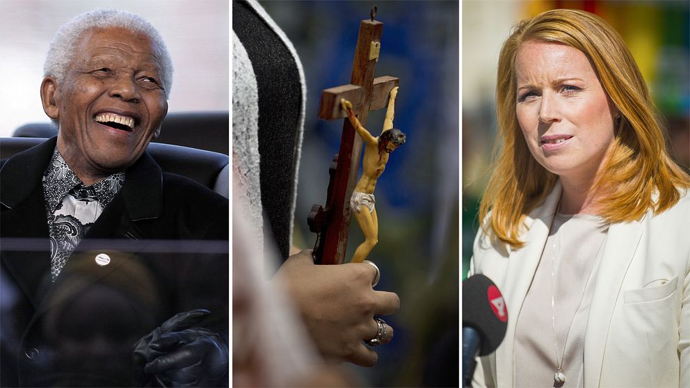 Bild på Nelson Mandela, en kvinna som håller i en Jesusstay samt Annie Lööf, partiledare för Centerpartiet.