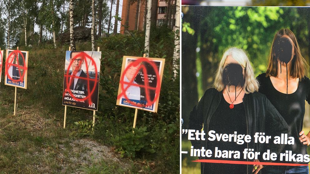 Valaffischer som vandaliserats.