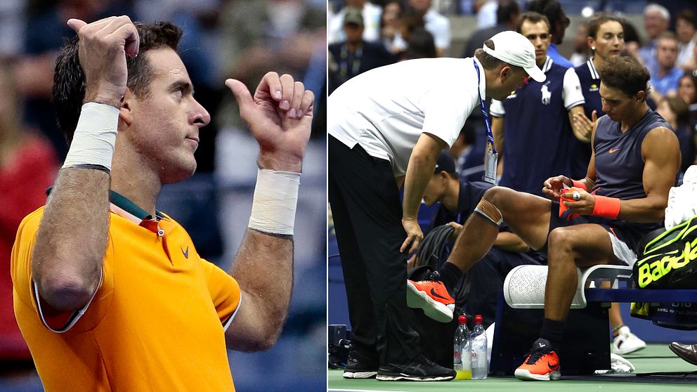 Juan Martín del Potro (t.v) höll tillbaka känslorna efter att han gått till final då Rafael Nadal (t.h) tvingats bryta semifinalen.