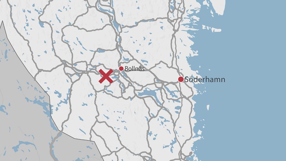 En karta över delar av Gävleborg där Bollnäs, Söderhamn samt ett rött kryss finns utplacerade.