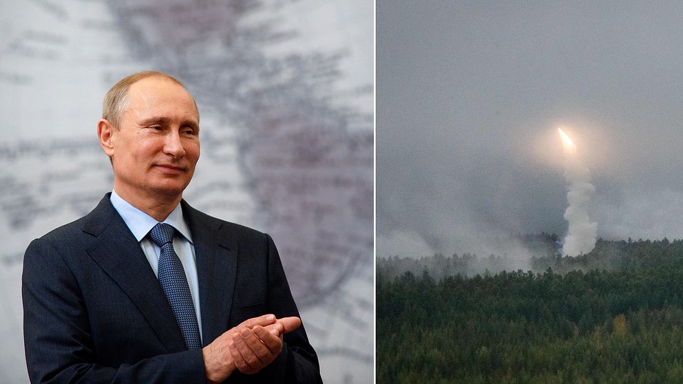 Ryssland president Vladimir Putin till vänster och en bild på en robot som avfyras ur en skog till höger.