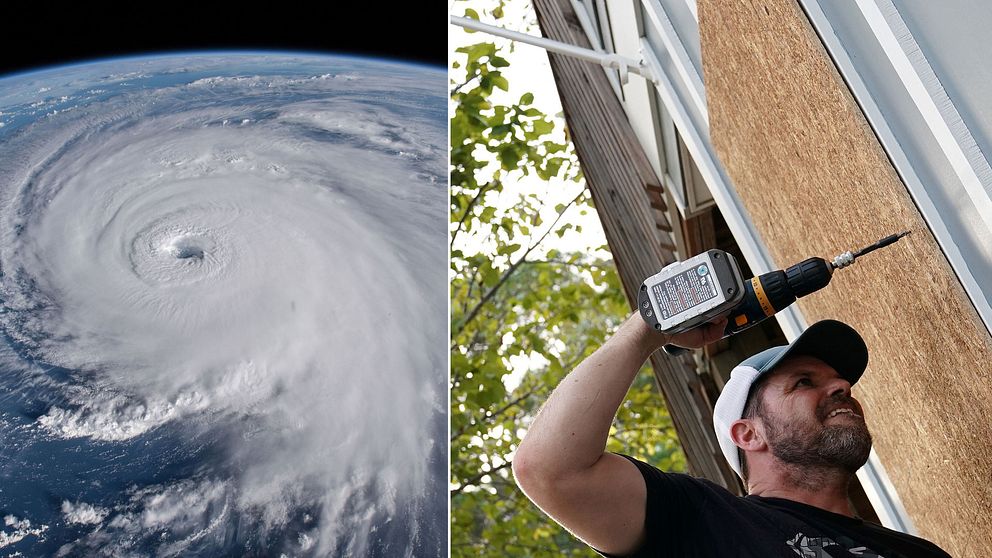 Chris Hooper förebreder sig för orkanen Florence genom att skruva in plywoodskivor på sitt hem. Till vänster en bild på orkanen Florence tagen från rymden.