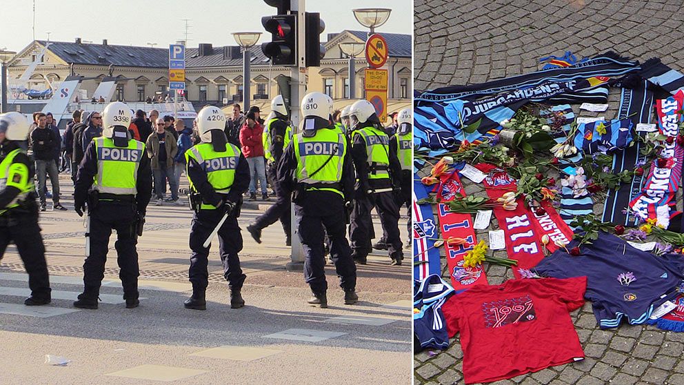 Stort polispådrag i Helsingborg. Blommor och supportertröjor på platsen för mordet.