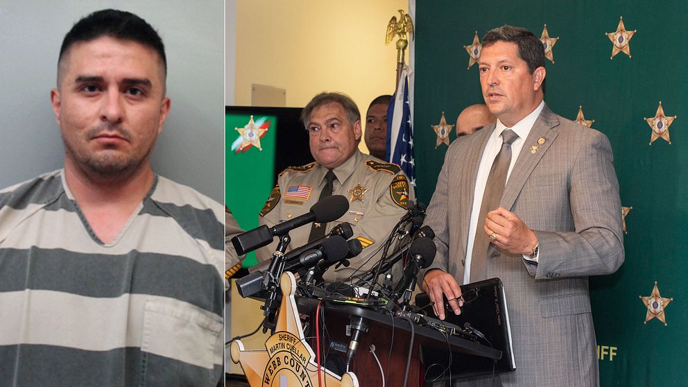 Till vänster syns gränspolisen Juan David Ortiz, som erkänt mord på fyra kvinnor i Texas i USA. Till höger svarar distriktsåklagaren Isidro Alaniz på pressens frågor om morden.