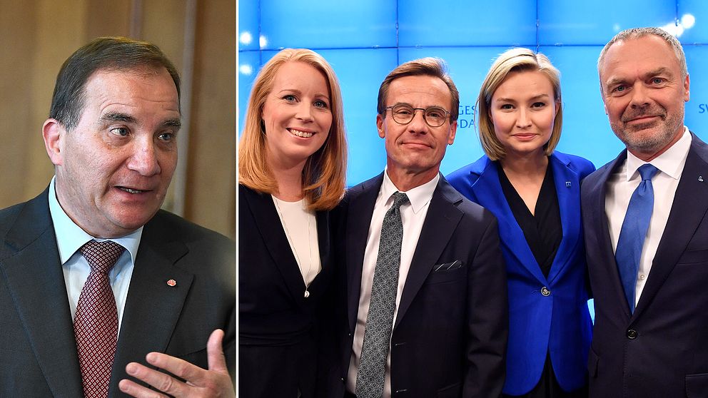 Delad bild: Först på statsminister Stefan Löfven (S), sedan en på partiledarna i Alliansen.