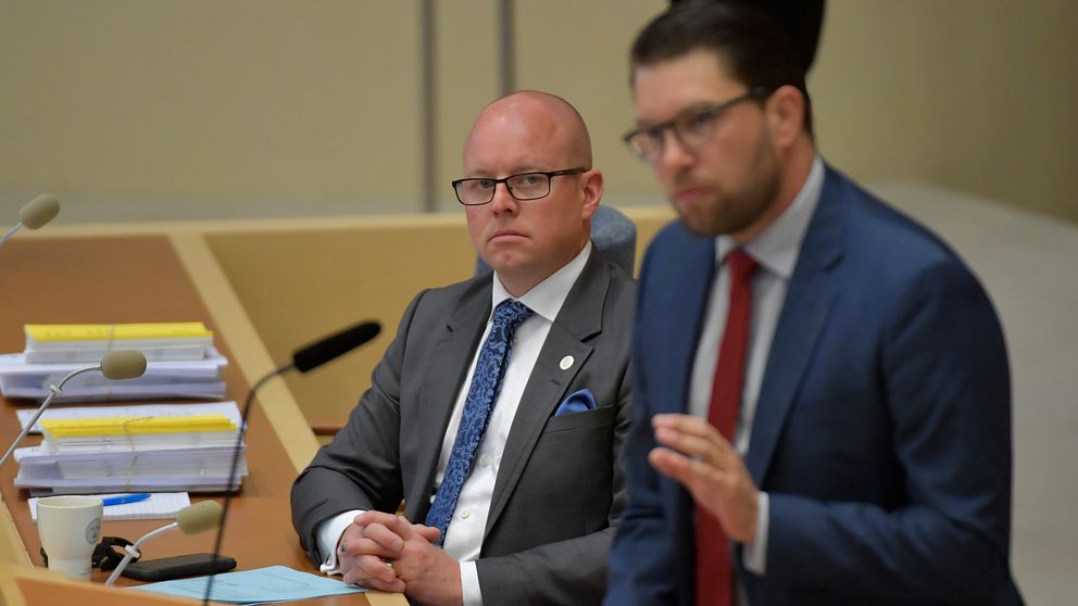 Björn Söder (SD) och Jimmie Åkesson (SD) under den sista partiledardebatten i riksdagen innan valet.