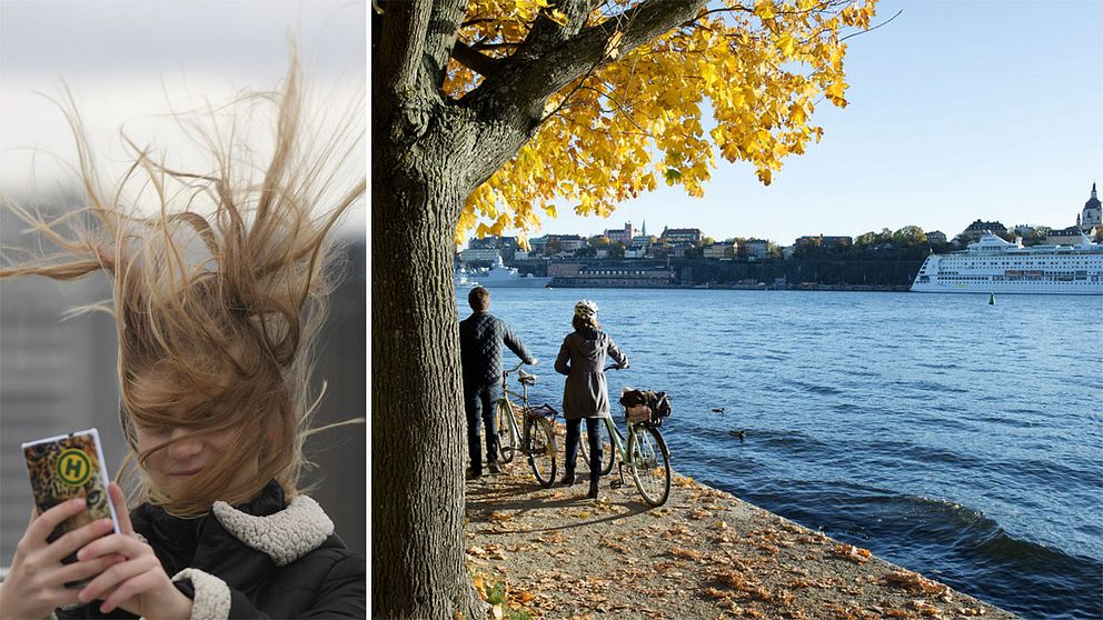 En kvinna med blåst i håret och ett par som promenerar i höstigt landskap.