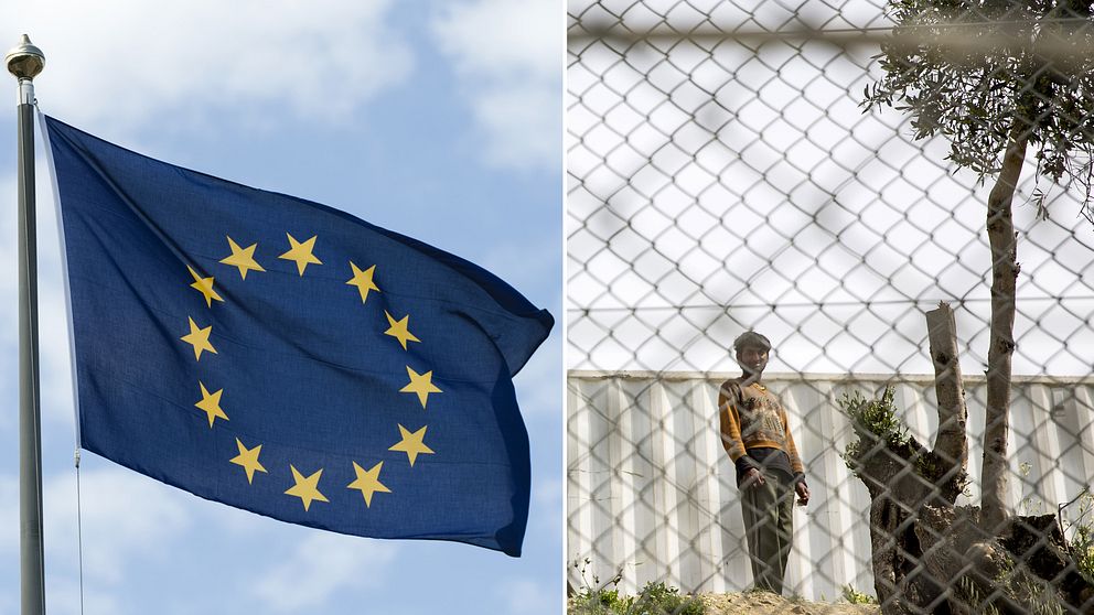 En EU-flagga och en person i ett flyktingläger