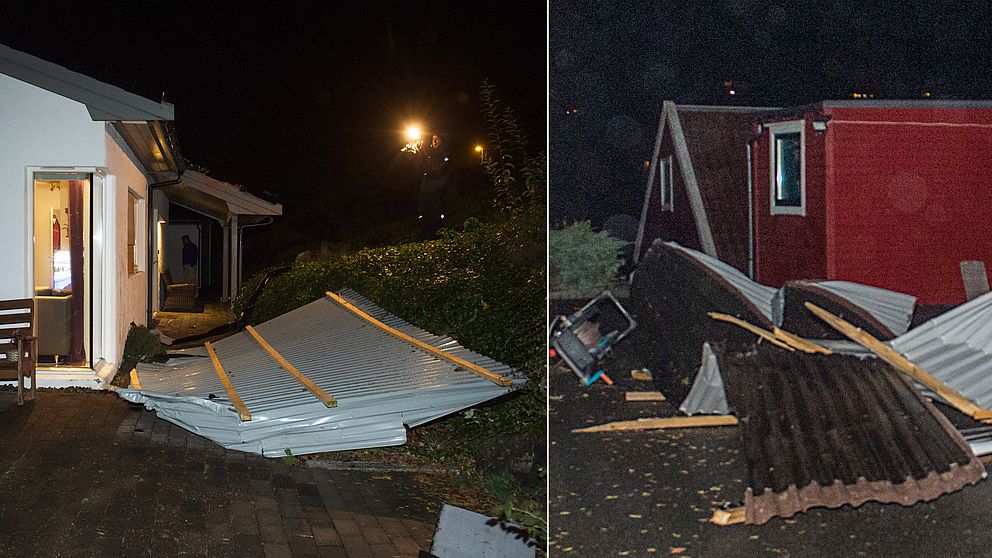 Den kraftiga vinden skickade ett tak in i fönstret på ett hus i Askøy utanför Bergen i Norge.