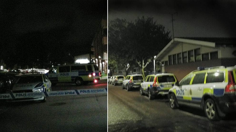 Polisbilarna står uppradade i Biskopsgården efter dödsskjutningen på torsdagskvällen. Ett stort polispådrag har pågått hela natten.