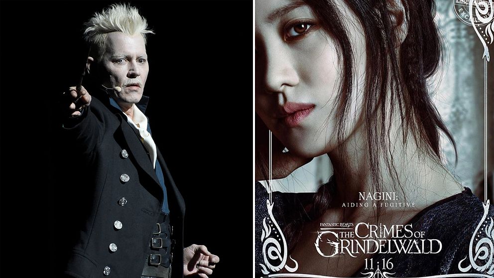Trollkarlen Gellert Grindelwald spelas av Johnny Depp, och Nagini av Claudia Kim.