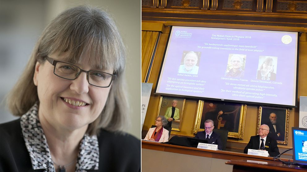 Arthur Ashkin, USA, samt Gérard Mourou, Frankrike, och Donna Strickland, Kanada, delar på Nobelpriset i fysik.