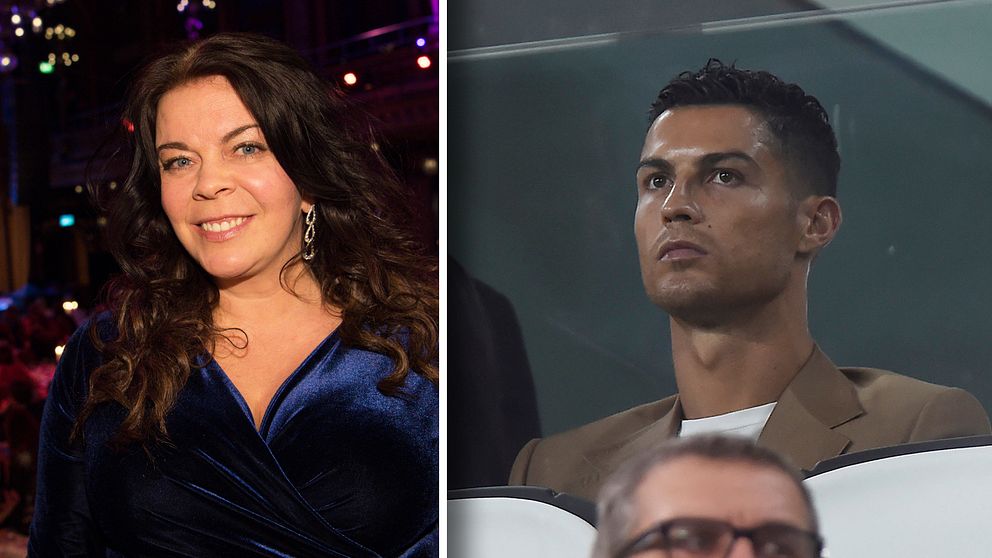 SVT:s utrikesreporter i Italien Jennifer Wegerup och världsstjärnan Cristiano Ronaldo.