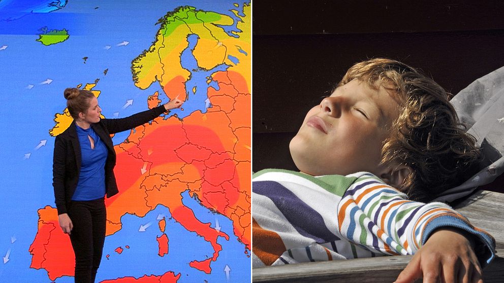 En väderkarta och en pojke som solar