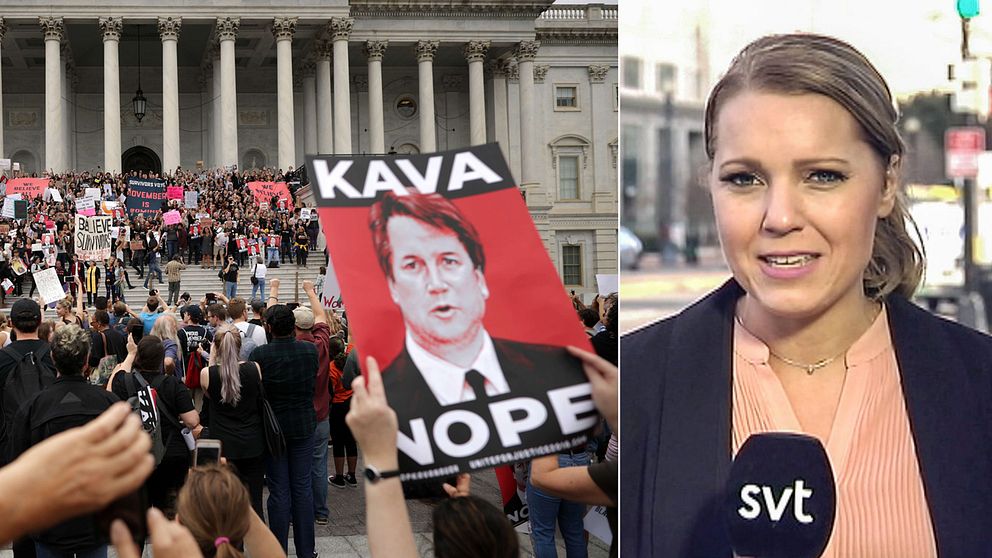 Massiva protester mötte senatorerna när de skulle rösta om Brett Kavanaugh (t.h) på lördagskvällen svensk tid.