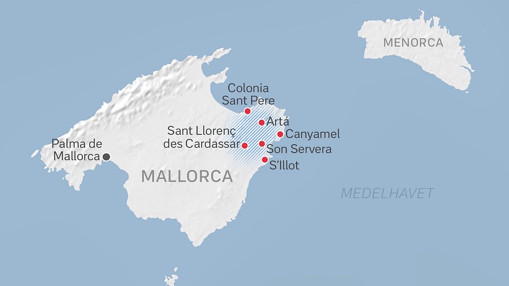 Karta över det drabbade området på Mallorca.