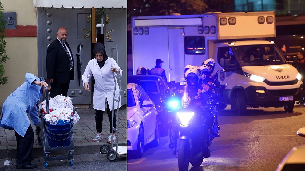 Med blinkande blåljus anlände de turkiska poliserna till Saudiarabiens konsulat i Istanbul på måndagskvällen. Bara timmar tidigare släppte säkerhetsvakterna in ett städteam som fångades på bild av pressuppbådet där utanför.