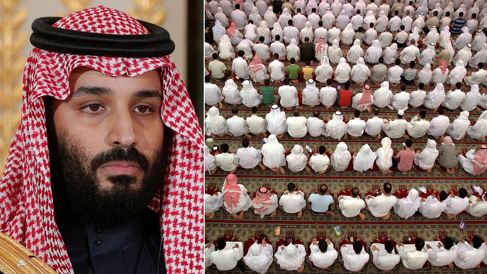 Kronprinsen Mohammed bin Salman (t.v) har kritiserats bland annat för avrättningar av shiamuslimer. T.h shiamuslimer som ber i Saudiarabien.