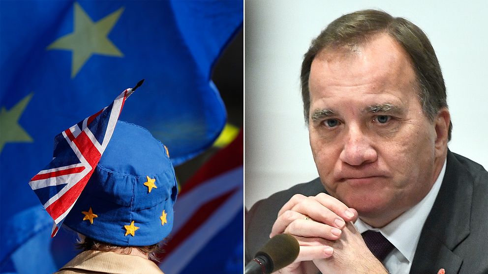 EU:s och Storbritanniens flagga och Stefan Löfven