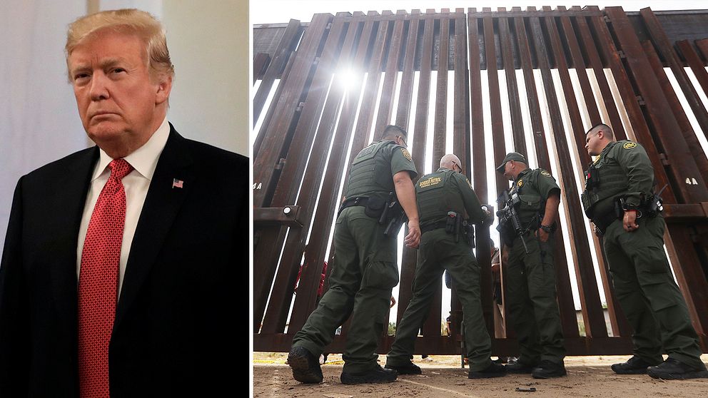 Bild på Trump till vänster. Bild på port vid gränsen mellan USA och Mexiko till höger.