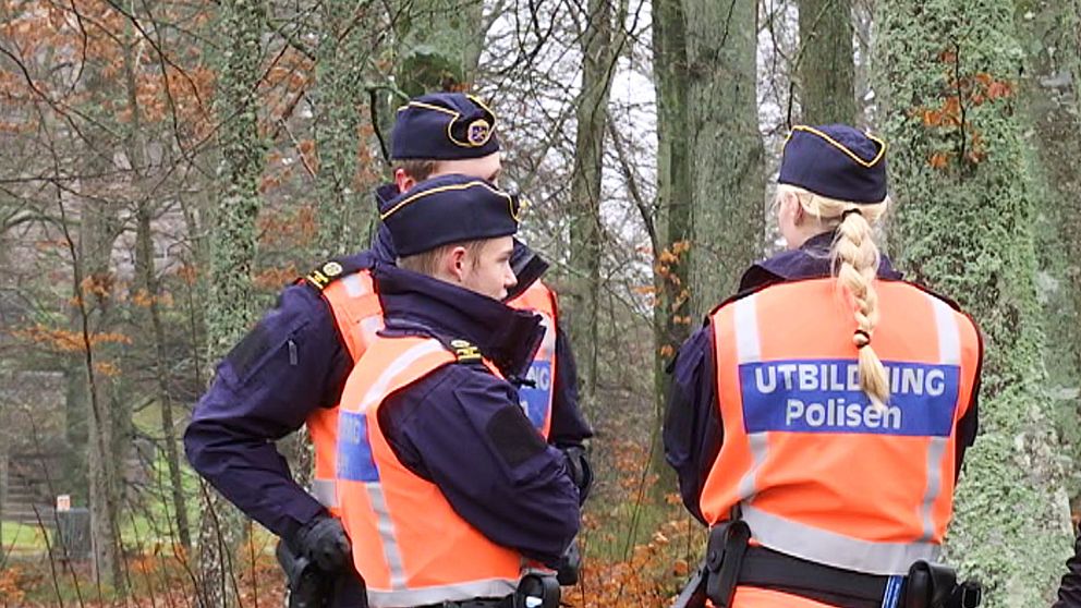 Tre polisstudenter i orange väst står vända mot varandra utomhus. Skog i bakgrunden.