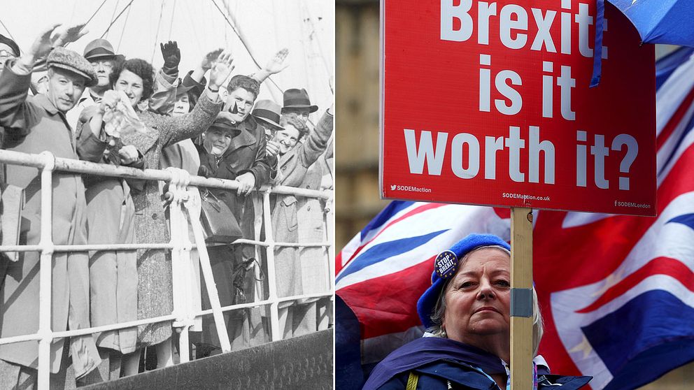 Till vänster en bild på tysk-judiska flyktingar ombord fartyget Rhakotis och till höger en bild på en kvinna som hållet en brexit-kritisk skylt med en brittisk flagga i bakgrunden.
