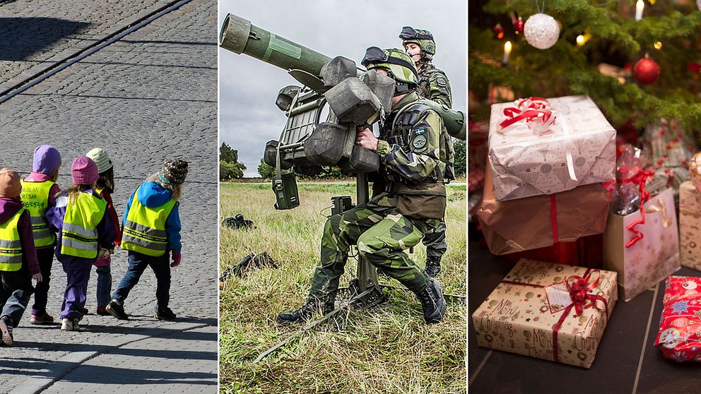 Tredelad bild, från vänster: Förskolebarn, en militärövning och en bild på shopping.