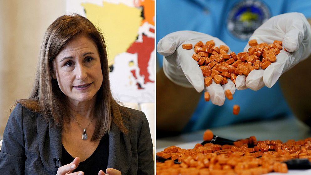 Kvinna och orangea tabletter som faller ur kupade händer.