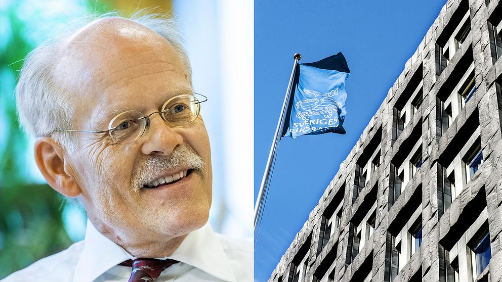 Porträttbild på riksbankschef Stefan Ingves och risksbankens huvudkontor i Stockholm.