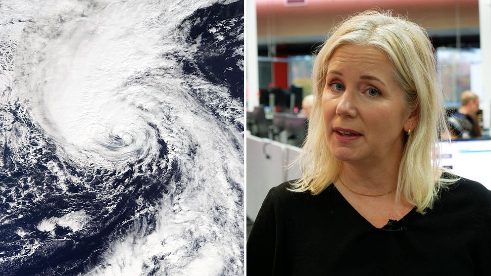 Satellitbild på stormen Oscar till vänster och SVT:s meteorolog Åsa Rasmussen till höger.