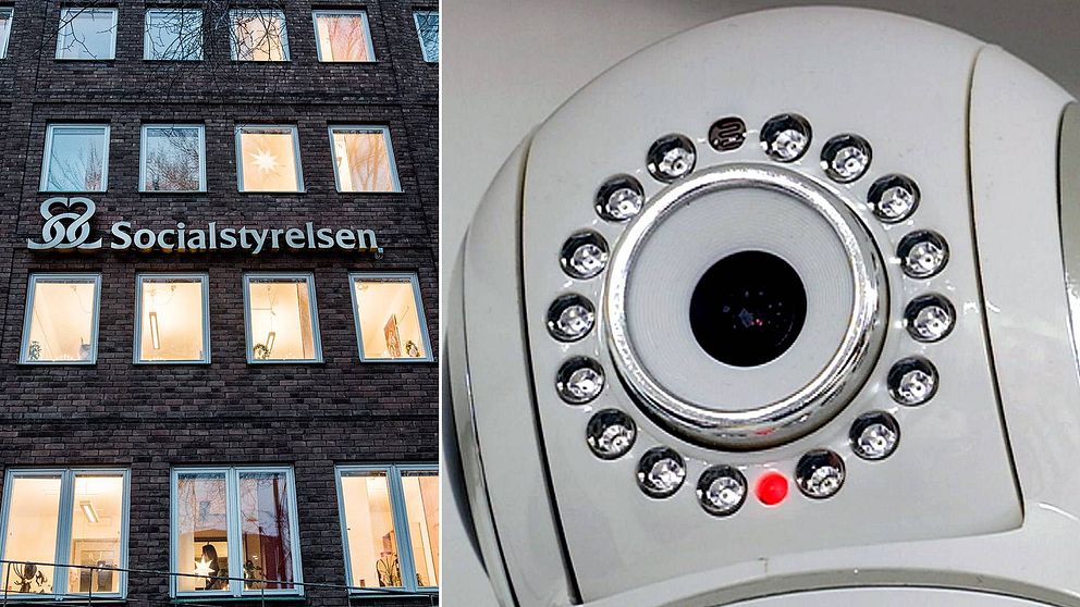 Bild på Socialstyrelsens kontor i Stockholm och en övervakningskamera.