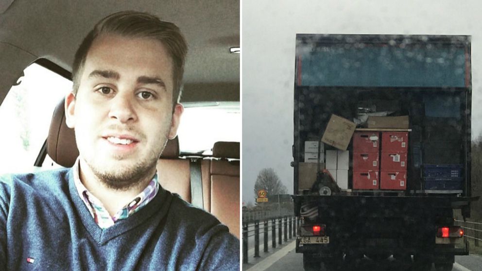 Jonathan Sjöstrand hamnade bakom Postnords lastbild på trafikleden mellan Jönköping och Nässjö. Som resande säljare är han van trafikant och beskriver händelsen som ”Det sjukaste jag har sett”.