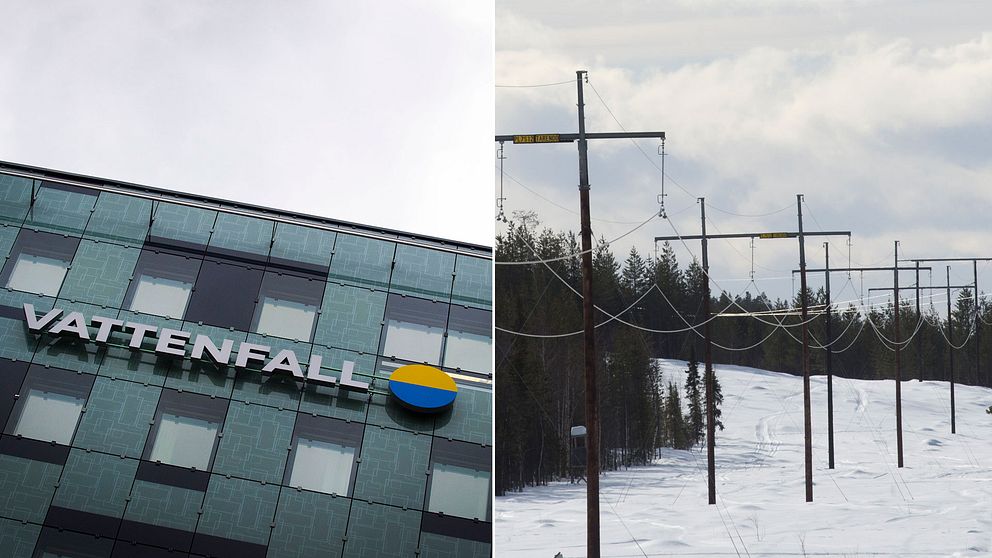 Vattenfalls logotyp och luftburna elledningar