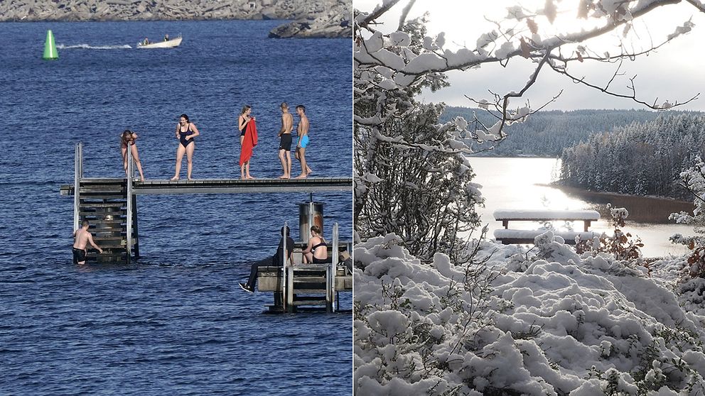 Scaniabadet i Malmö den 13 oktober till vänster, första snön i Spekeröd i Bohuslän den 28 oktober till höger.