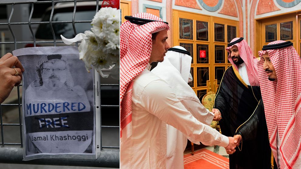 En bild på Khashoggi som hängst upp utanför Saudiarabiens konsulat i Saudiarabien (t.v). Till höger Salah Khashoggi när han och flera andra familjemedlemmar träffade den saudiske kungafamiljen. De bjöds in efter att pappan dödats på konsulatet.