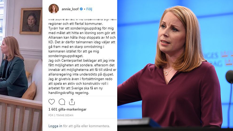 Annie Lööf beklagar att hon inte fått sonderingsuppdraget i ett inlägg på Instagram.
