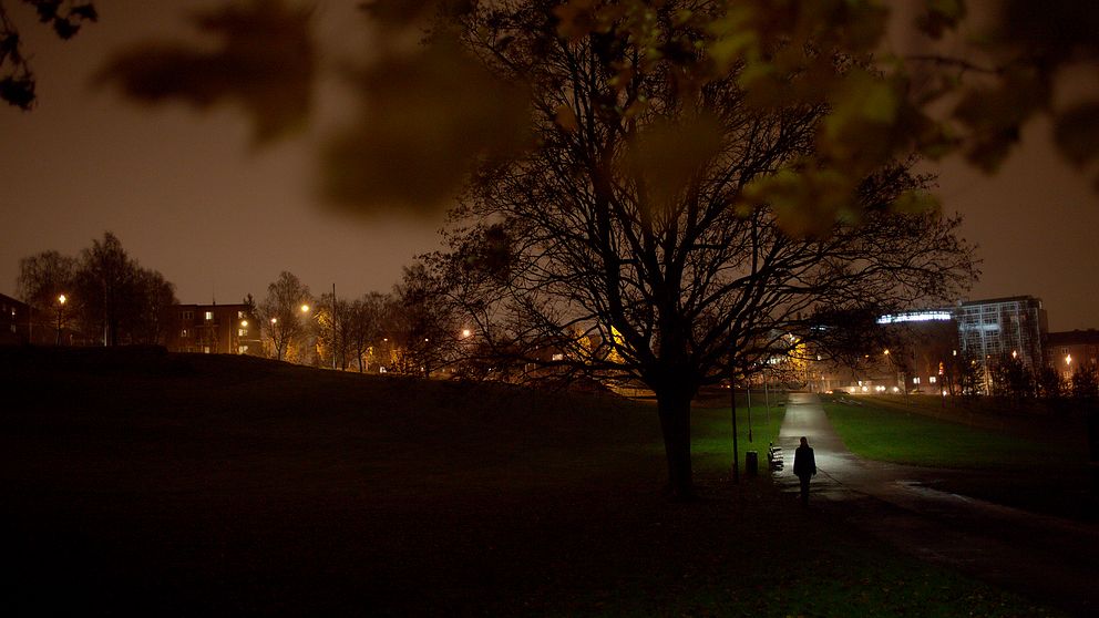 En kvinna promenerar i en park.