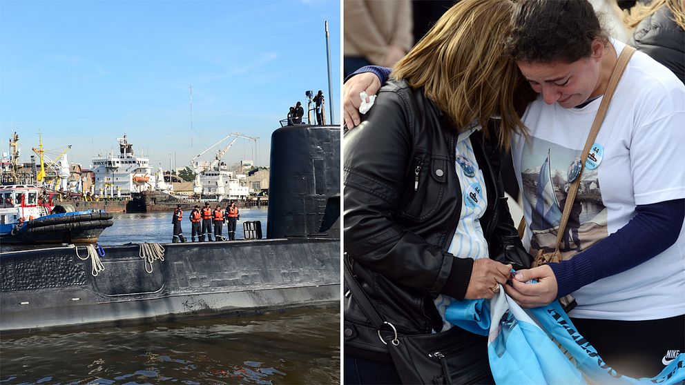 Till vänster, arkivfoto på ubåten  Ara San Juan. Till vänster sörjande när årsdagen för försvinnandet uppmärksammades i torsdags.