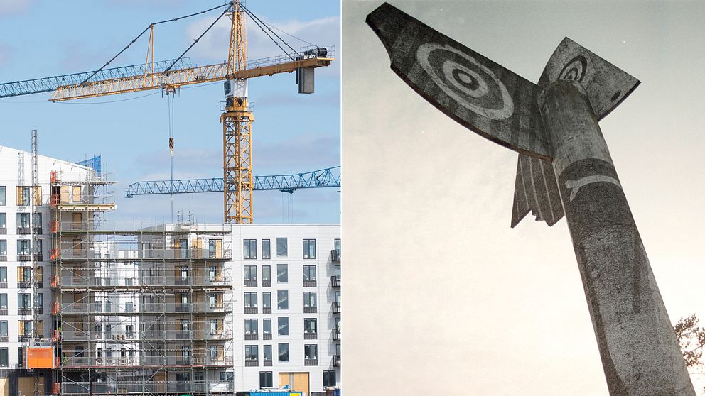 Till vänster: bygge i Barkarby, till höger: Picassoskulpturen i Kristinehamn i Värmland.