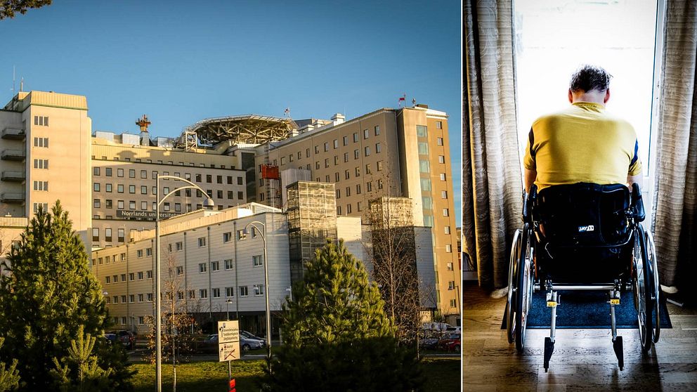 vy över sjukhus – stor tegelbyggnad, samt en person i rullstoll sedd bakifrån